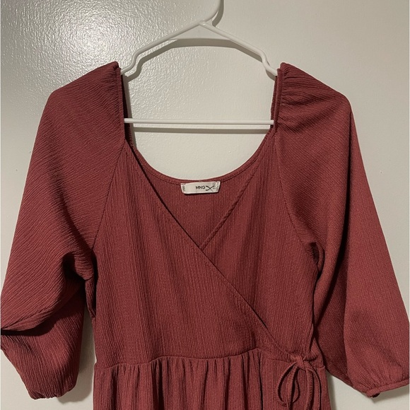 MNG puff balloon 3/4 sleeve wrap front midi dress marron pink - Picture 4 of 6